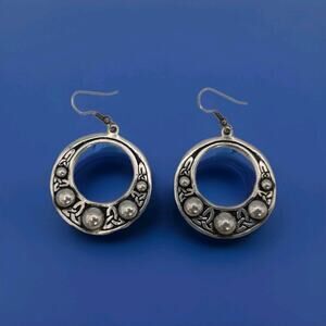 Vintage Signed J.S.C. Silver Tone Celtic Drop Hoop Earrings